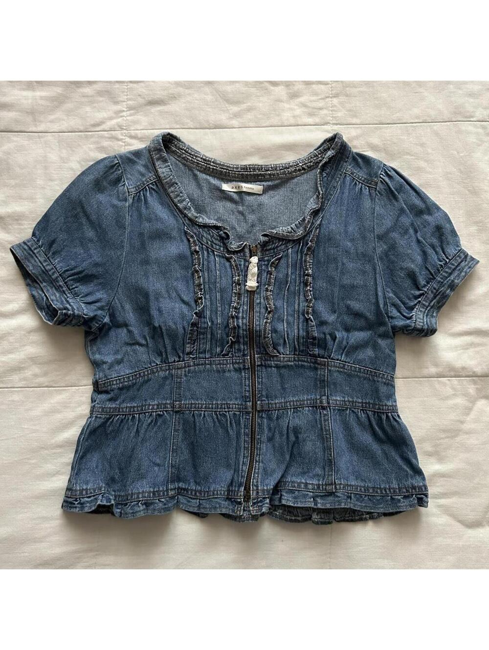 Axes Femme Blue denim zip up short sleeve top with cute lacing details